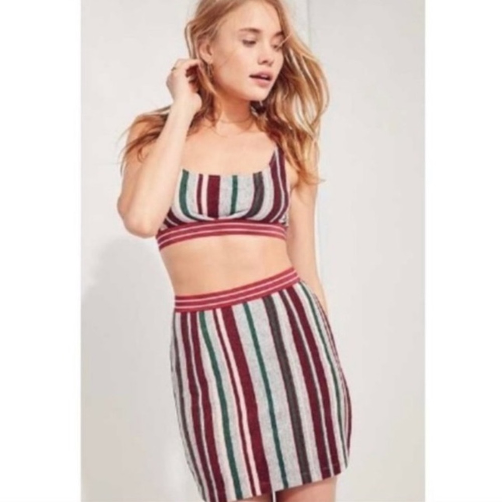 Ecote Maroon Striped Terrycloth Crop Top Skirt Set